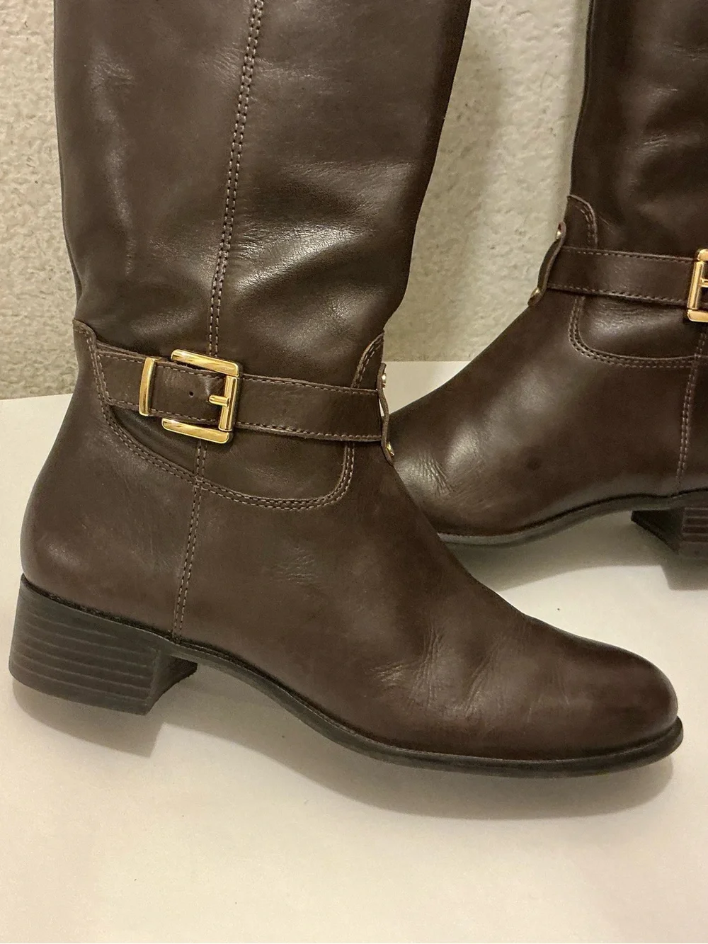 Banana Republic Sloanne Dark Brown Leather Knee Boots with Gold Buckle